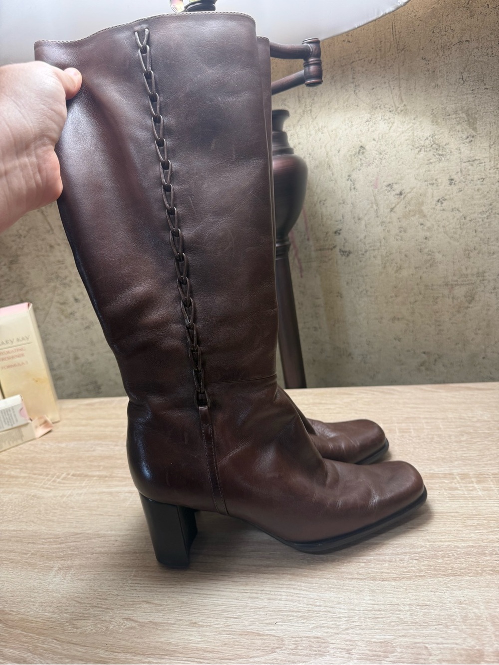 Women's Brown Leather Mid-Calf Heel Boots
